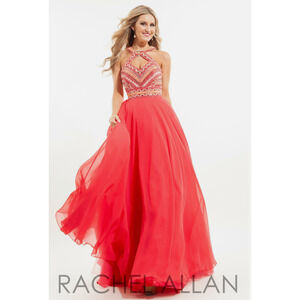 RACHEL ALLAN NEW Beaded Halter Pageant Gala Prom Gown Dress Coral Plus 16